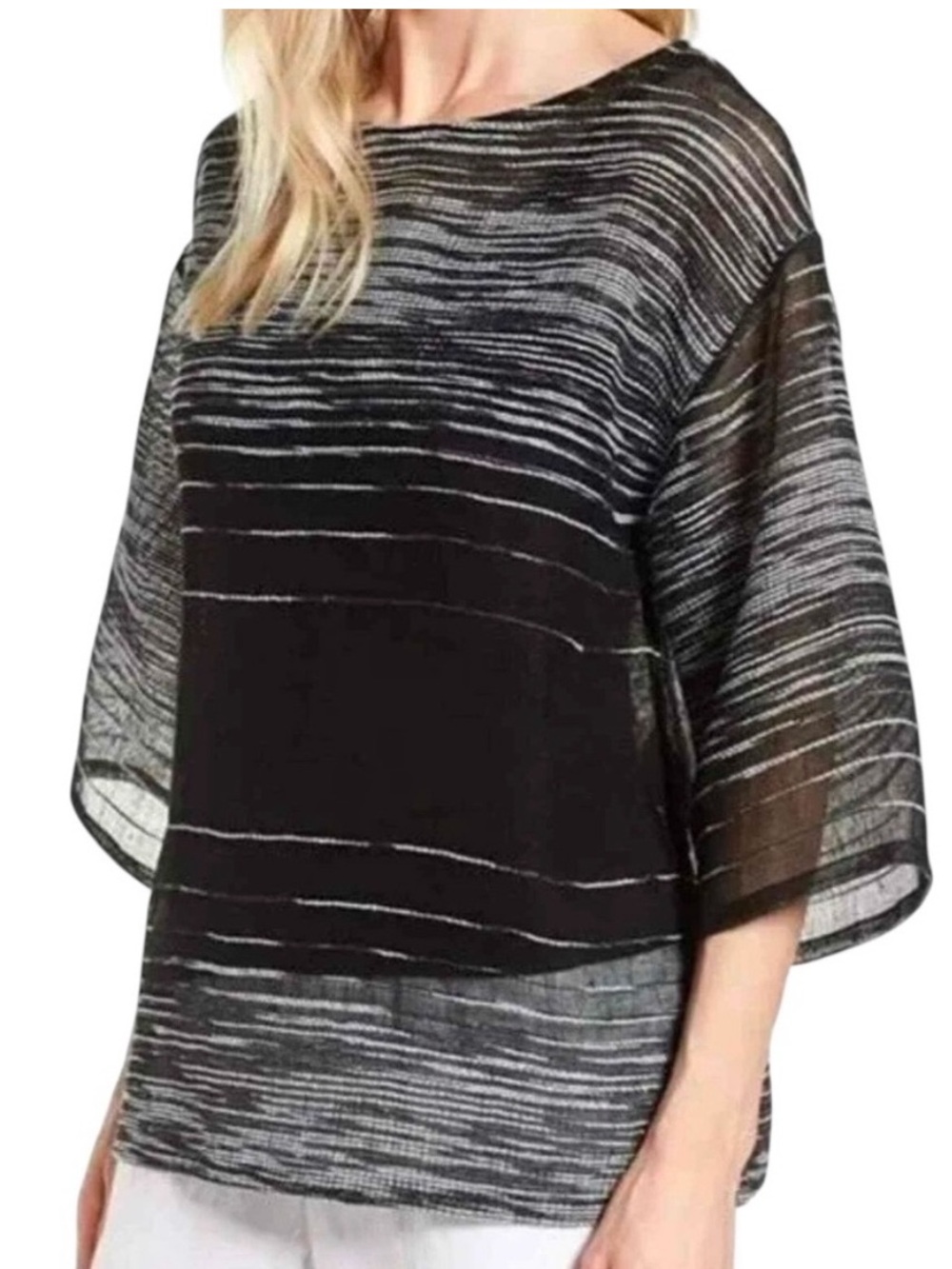 Eileen Fisher linen loose fit half sleeve Illusion mesh top excellent condition